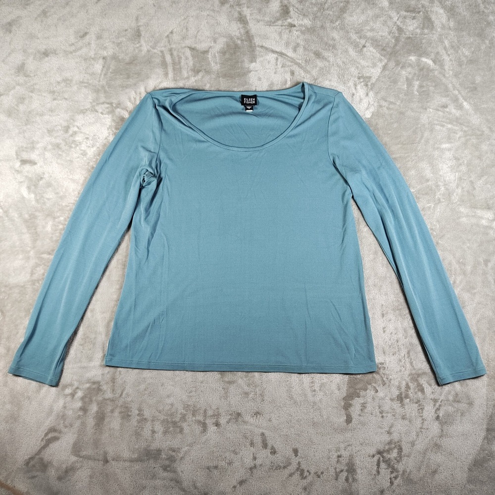 Eileen Fisher Top Womens Small Green Long Sleeve Silk Shirt Jersey Scoop Neck
